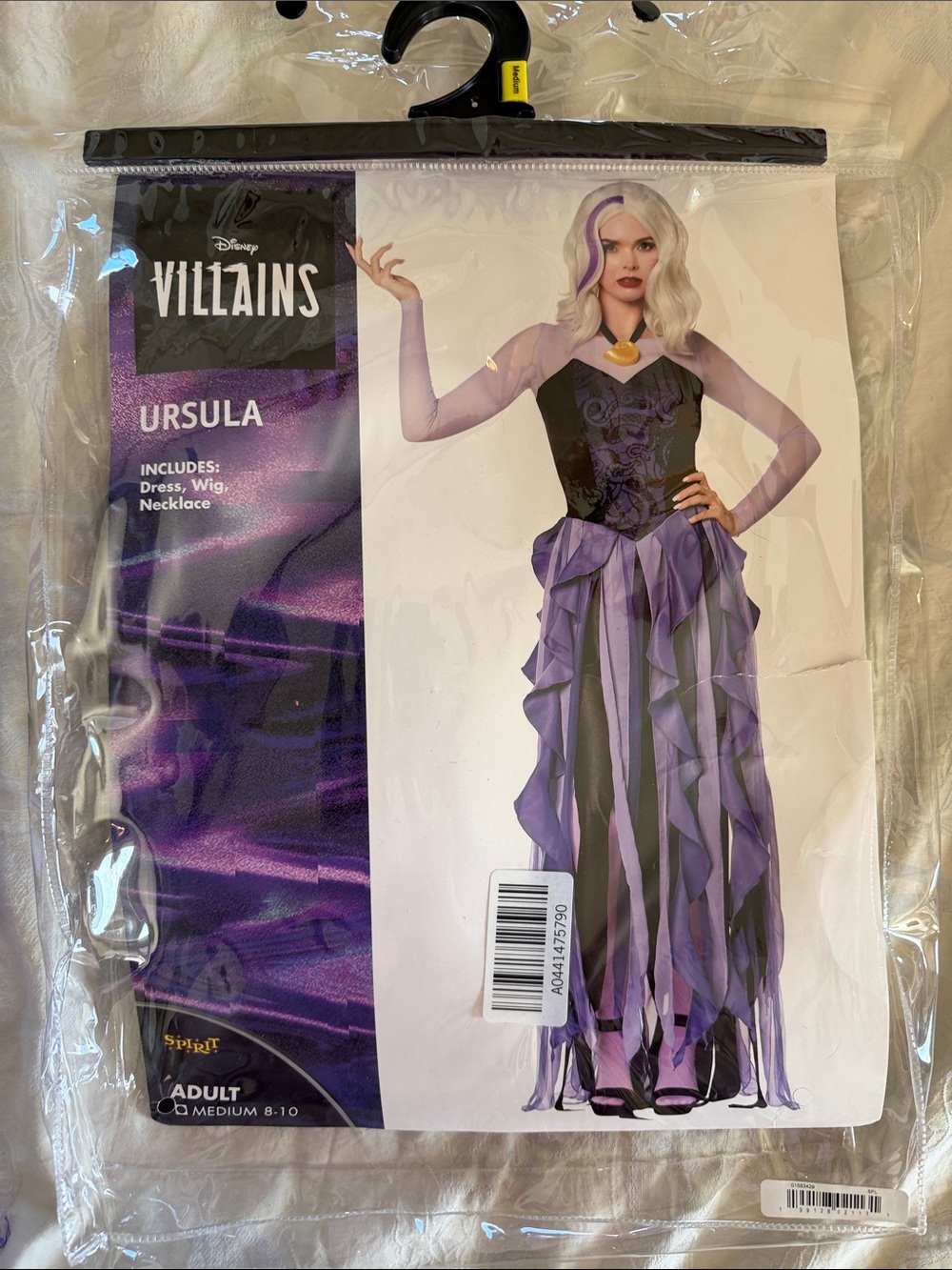Women’s Spirit Halloween Ursula Purple Costume Dress, necklace and wig size M
